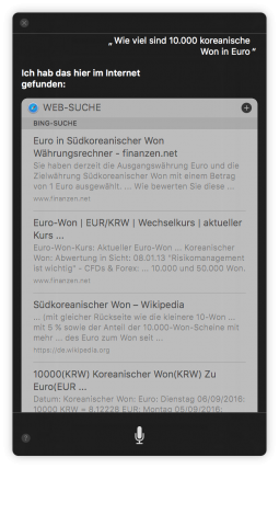 Siri beim Versuch, eine Währung umzurechnen. Unser Fehler: Wir gaben nicht an, dass wir Südkoreanische Won meinten. (Screenshot: Golem.de)